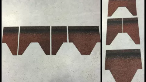 Cutting hexagonal shingle with 3 cuts to get 4 pieces for hips and ridges