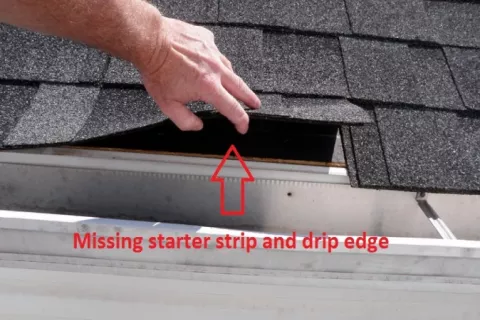 Missing starterstrip on shingles roof. Roofer mistakes.