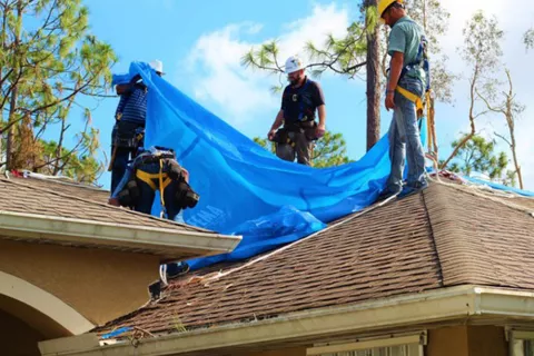 Tarp on shingle roof during seasons