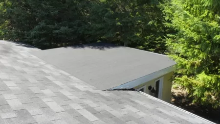 Flat roof connected to shingles roof